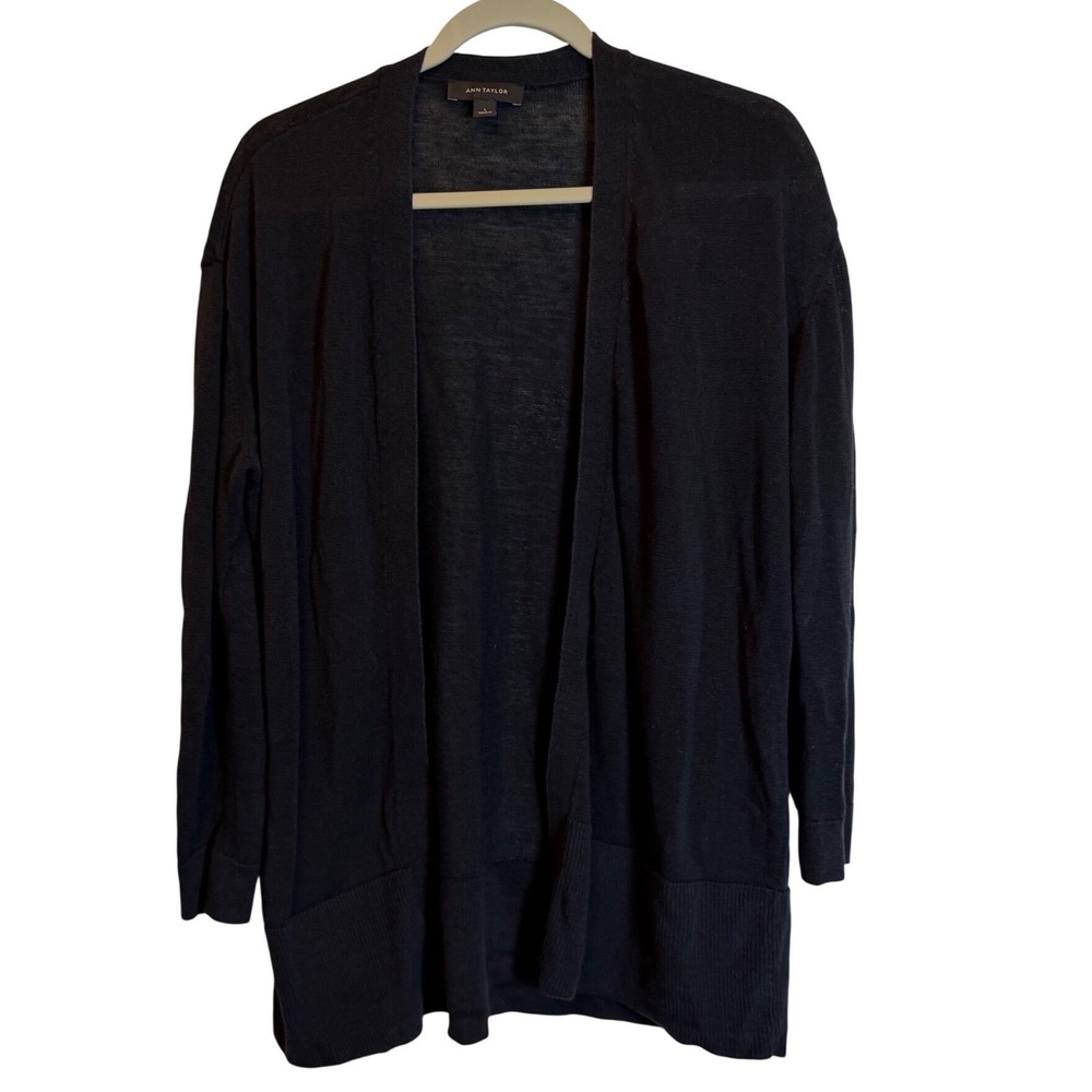 Ann Taylor Black Linen Blend Open Front Cardigan Sweater Long Sleeve Size L